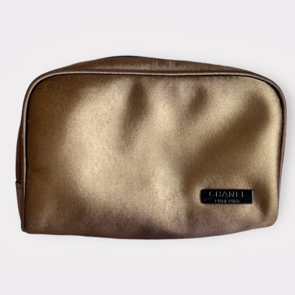 Chanel Parfums Satin Cosmetics Bag Clutch Bronze and Black Zip Up